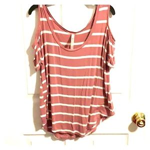 Pink and white striped cold shoulder shirt